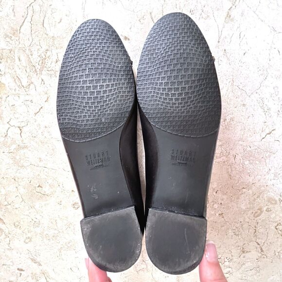 Stuart Weitzman Shoes 6.5 Black Leather Ballet Flats GOLD CHAIN Accent Quilted - Picture 10 of 10